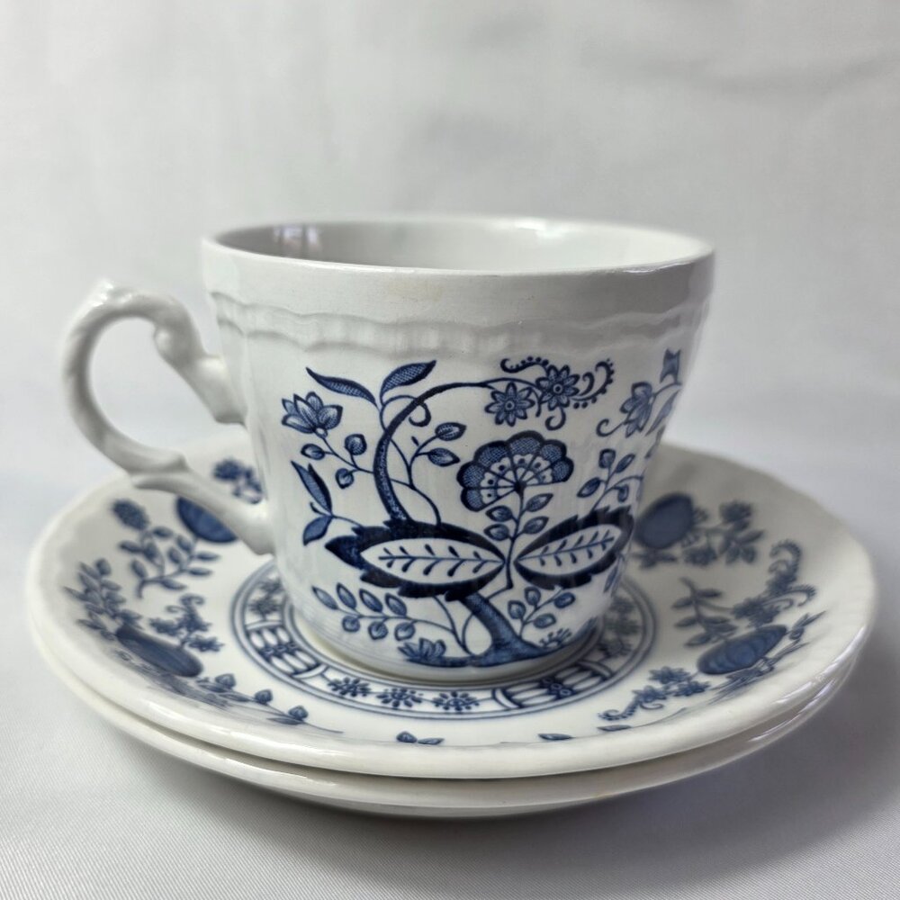 Wedgwood Blue Heritage Cup and Saucers (1 Cup 2 Saucers) White Blue Onion Design